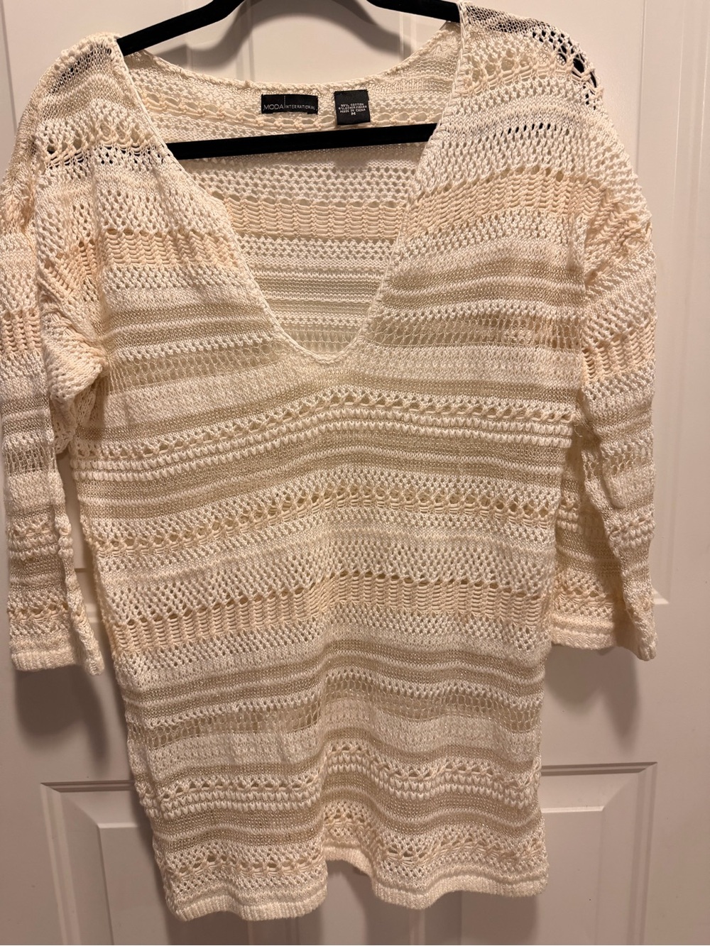 Moda International Cream Open-Knit V-Neck Sweater